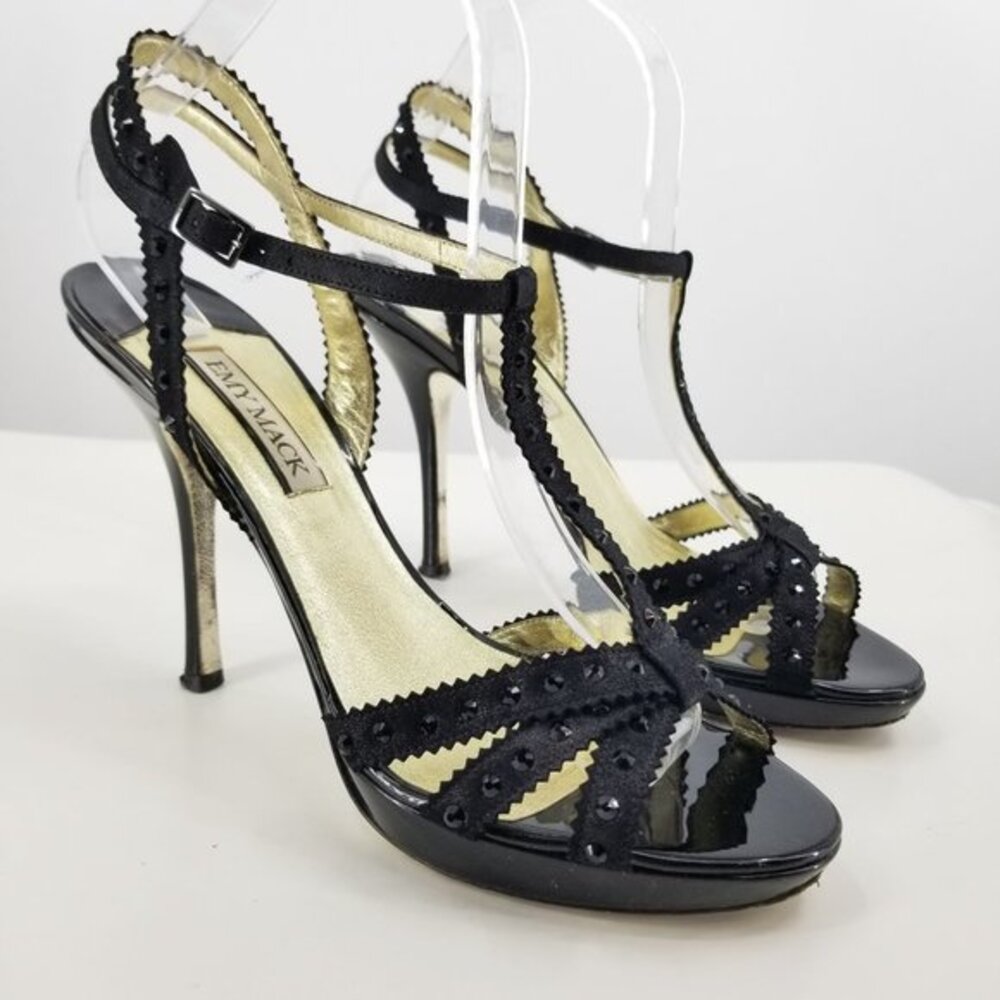 Emy Mack Black Leather Women's Strappy High Heels Size 9 Party Cocktail Y2K Glam